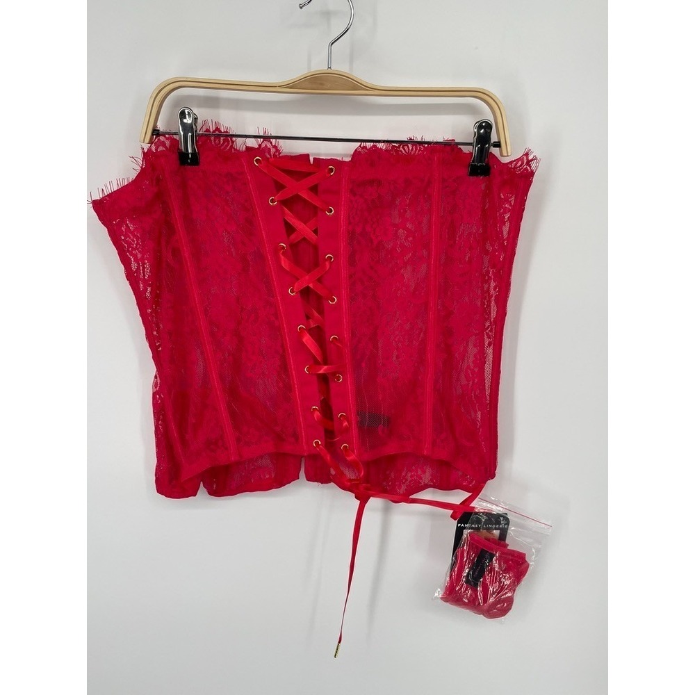 Fantasy Lingerie Eyelash 2-Piece Corset Set Womens XL Red Floral Embroidered NWT
